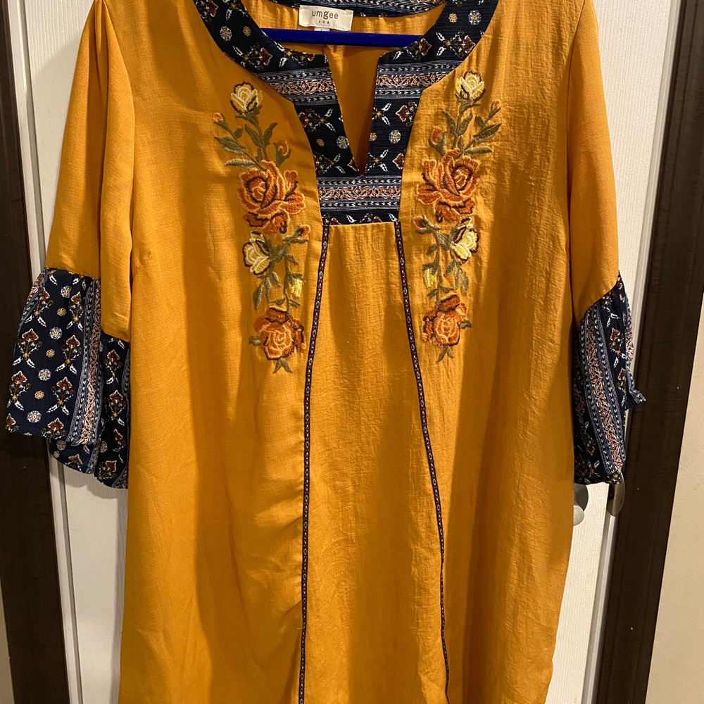 Umgee Mustard Tunic with Navy Floral Embroidery